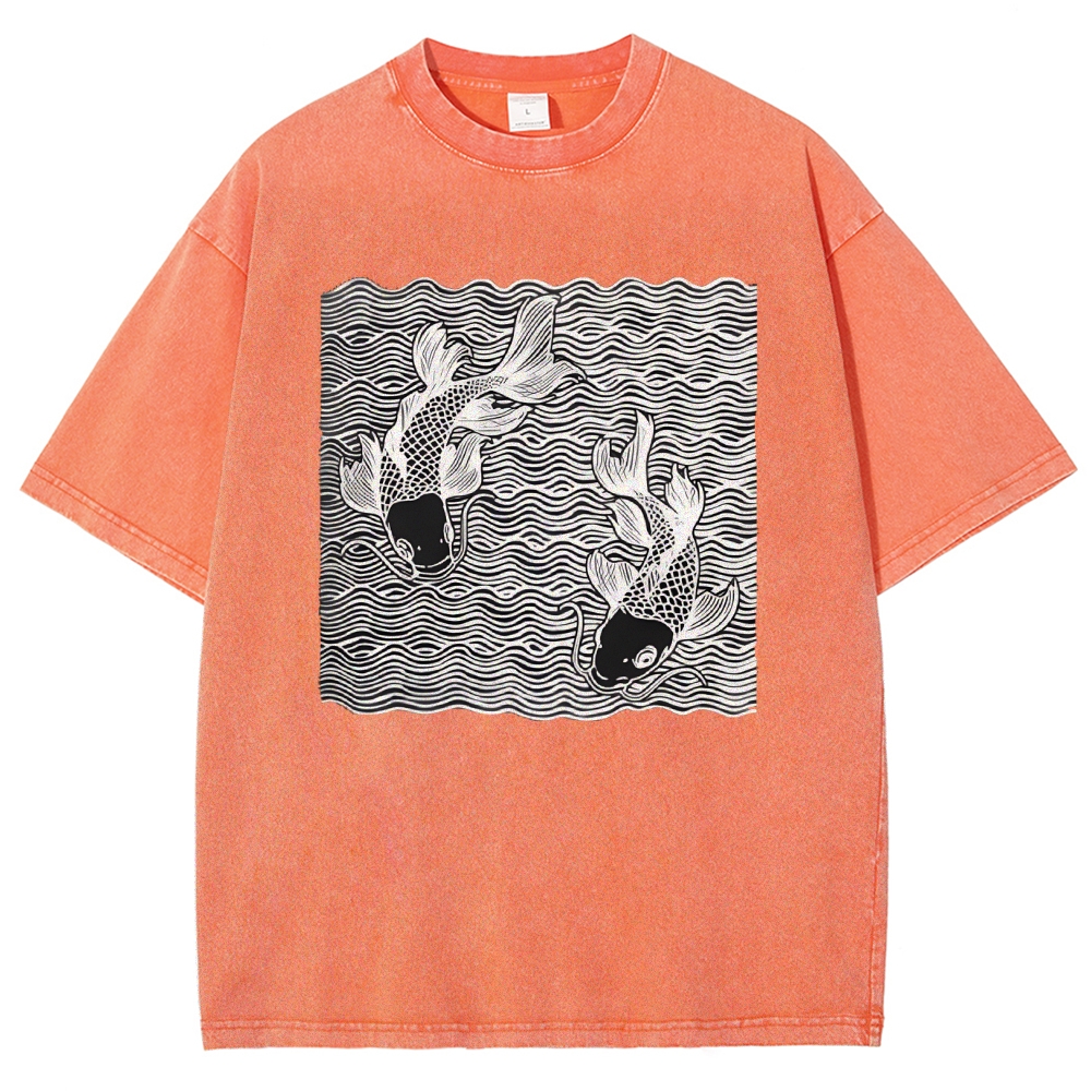 Unisex Waves Koi Printed Washed Tee