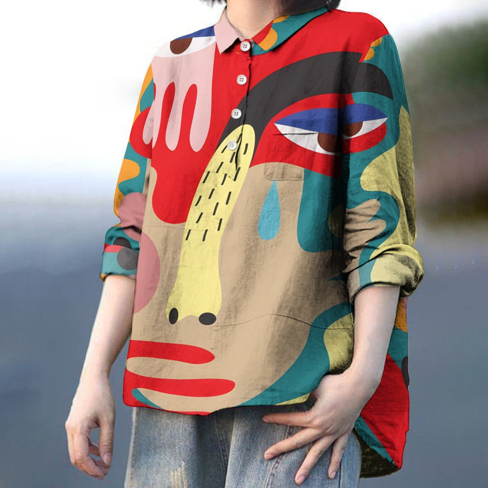 Women's Geometric Abstract Face Printed Casual Long Sleeve Shirt