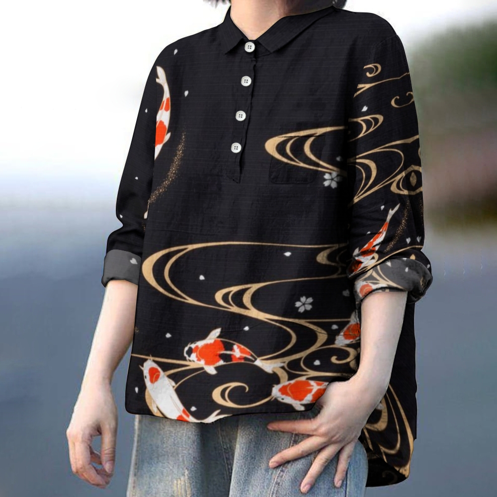Women's Japanese Koi Printed Casual Long Sleeve Shirt