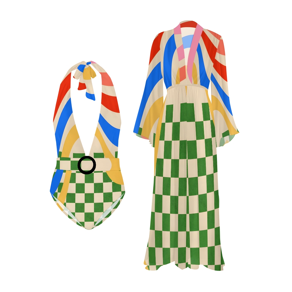 Geometric Striped Square Printed One-piece Swimsuit And Beach Kimono