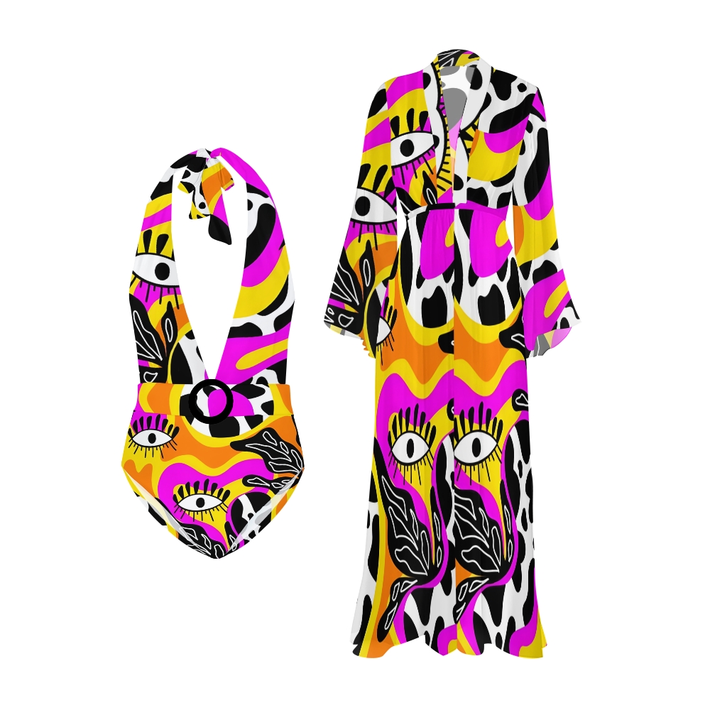 Abstract Art Eyes Printed One-piece Swimsuit And Beach Kimono
