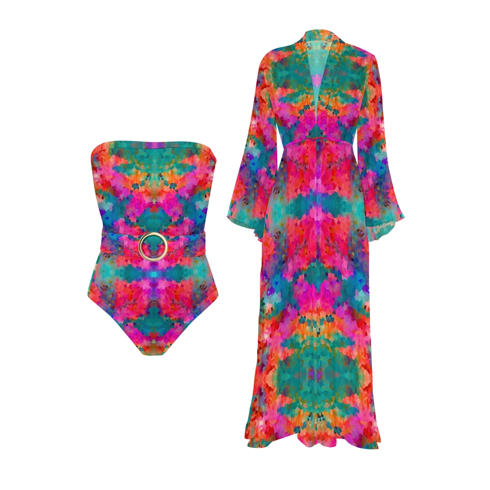 Artistic Gradient Printed One Piece With Kimono