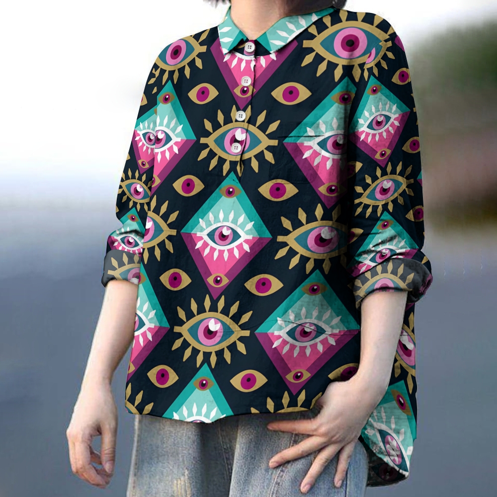 Women's Artistic Geometric Eyes Printed Casual Long Sleeve Shirt