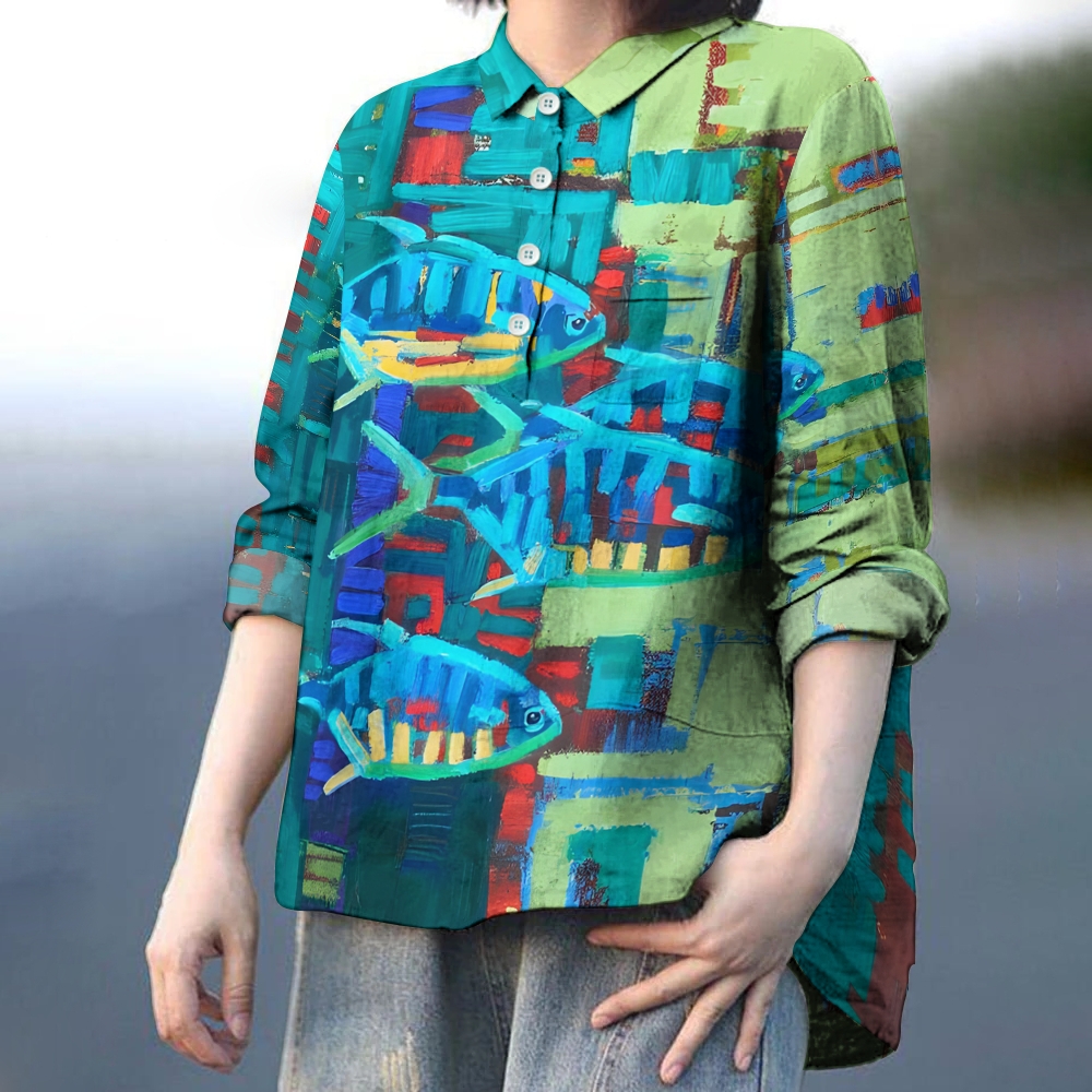 Women's Simple Strokes Of Fish Printed Casual Long Sleeve Shirt