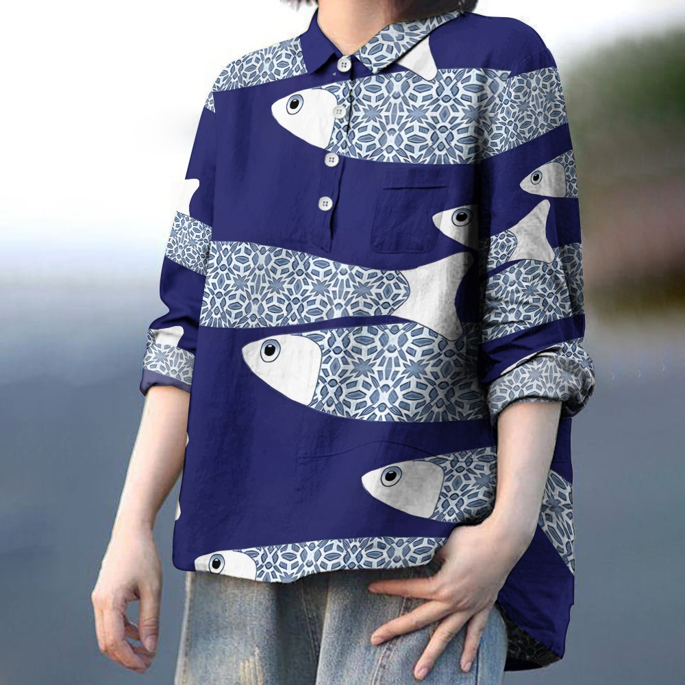 Women's Vintage Flower Fish Printed Casual Long Sleeve Shirt