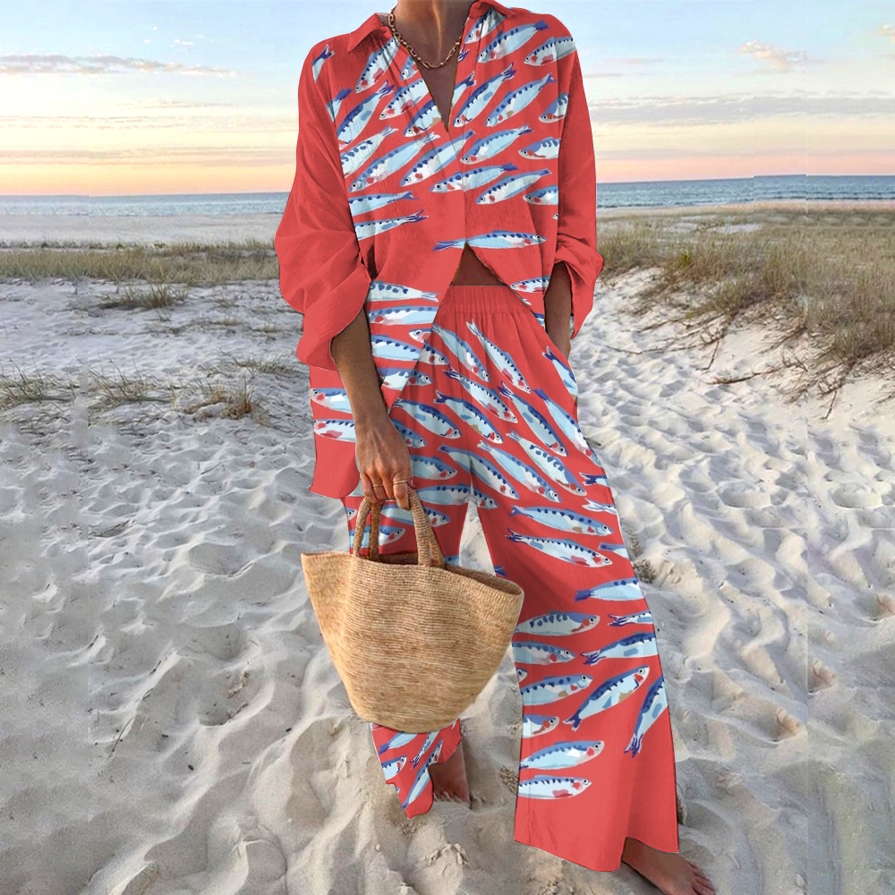 Women's Sardines Printed Shirt & Pants Two-piece Set