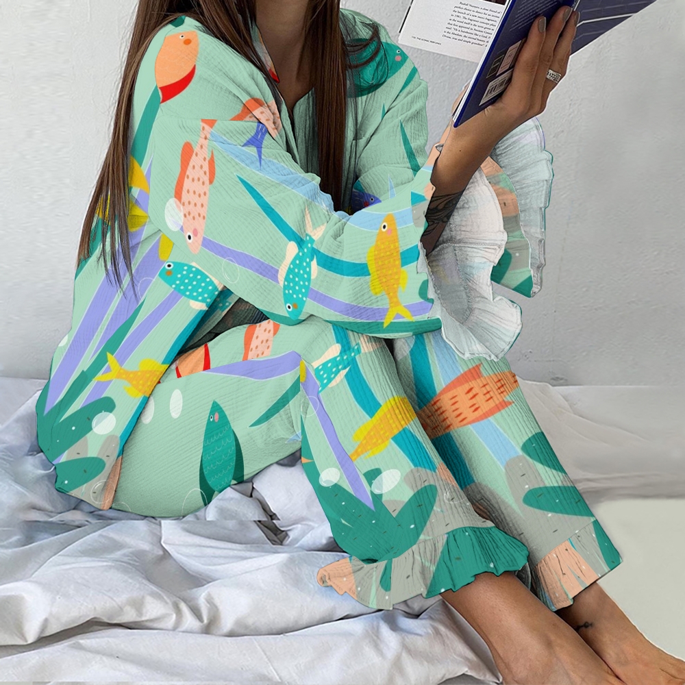Women's Cartoon Fish Printed Linen Cotton Suit