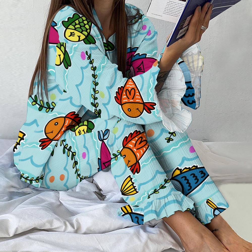 Women's Cartoon Fish Printed Linen Cotton Suit
