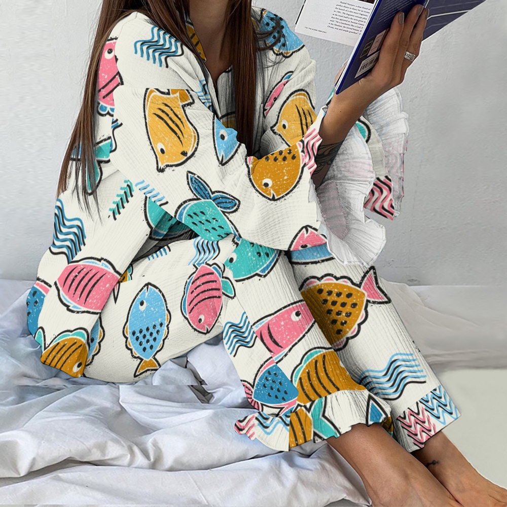 Women's Colorful Cartoon Fish Printed Linen Cotton Suit