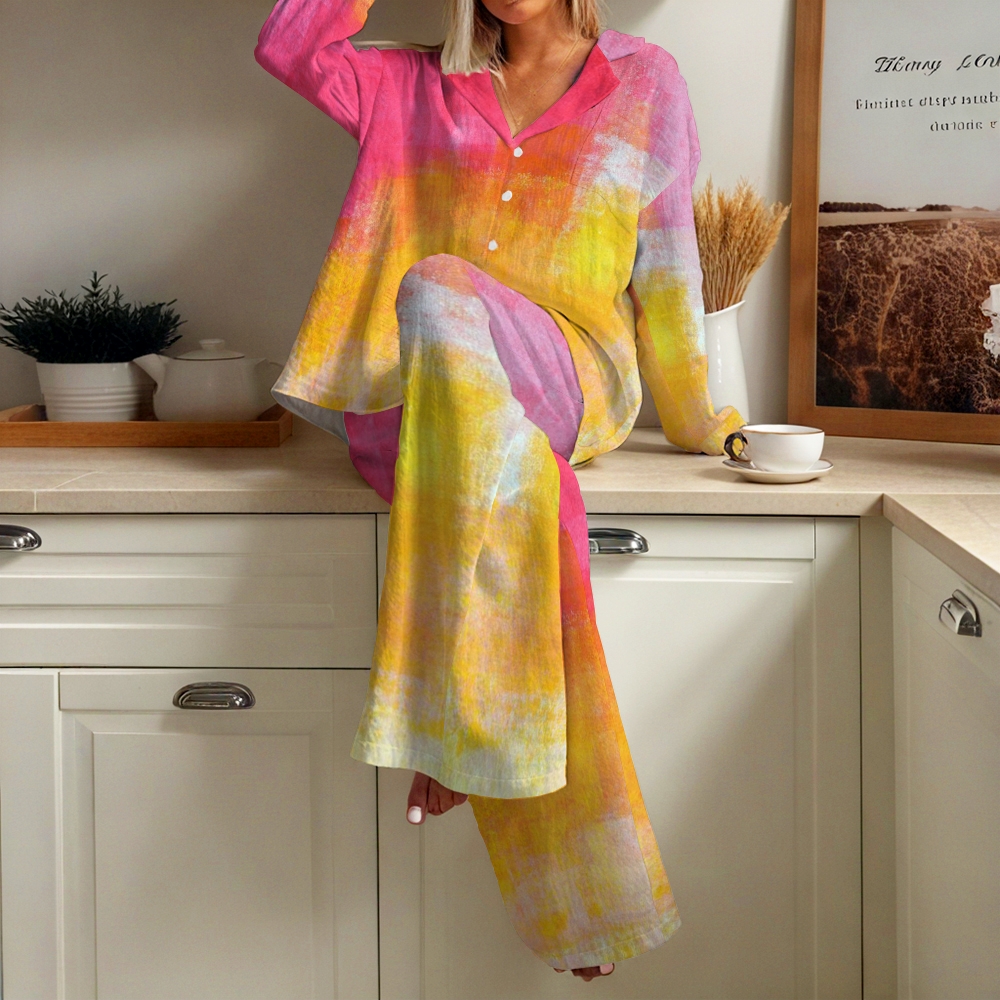 Women's Pink Gradient Printed Cotton Cardigan Homewear Set