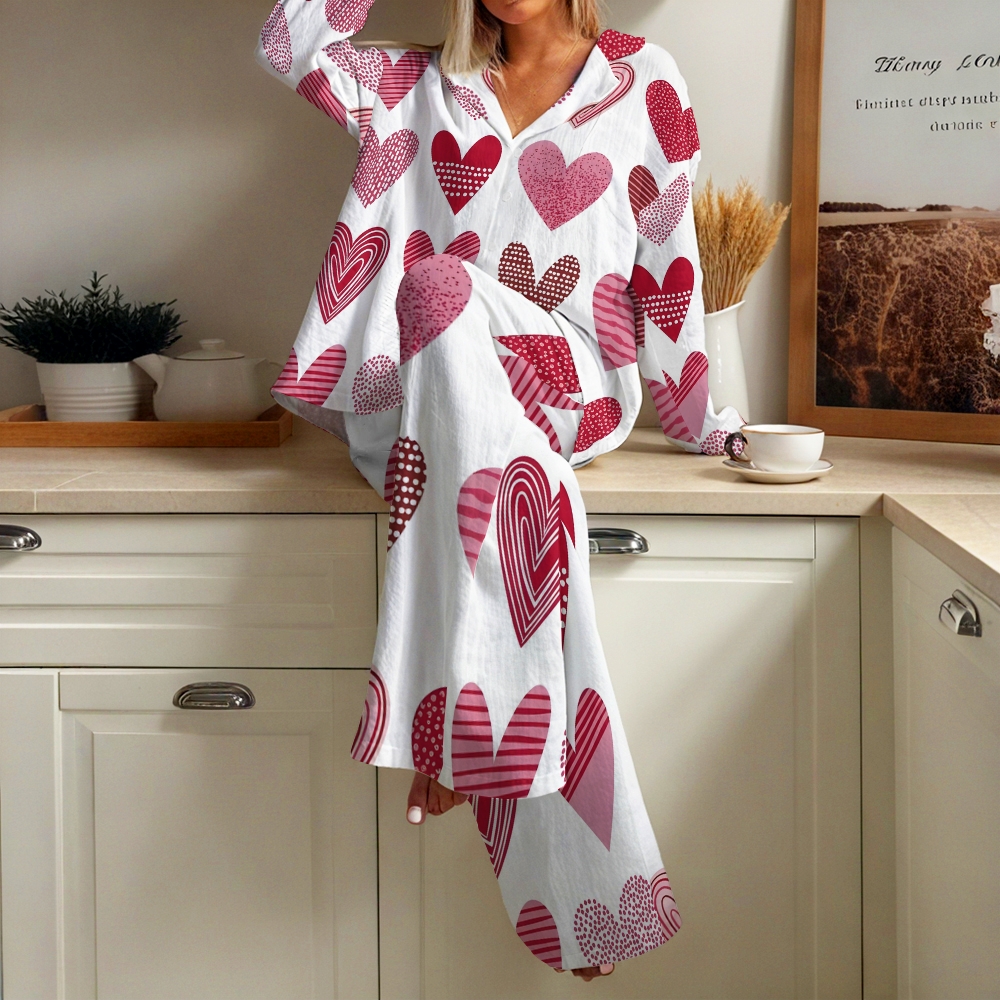 Women's Geometric Heart Printed Cotton Cardigan Homewear Set