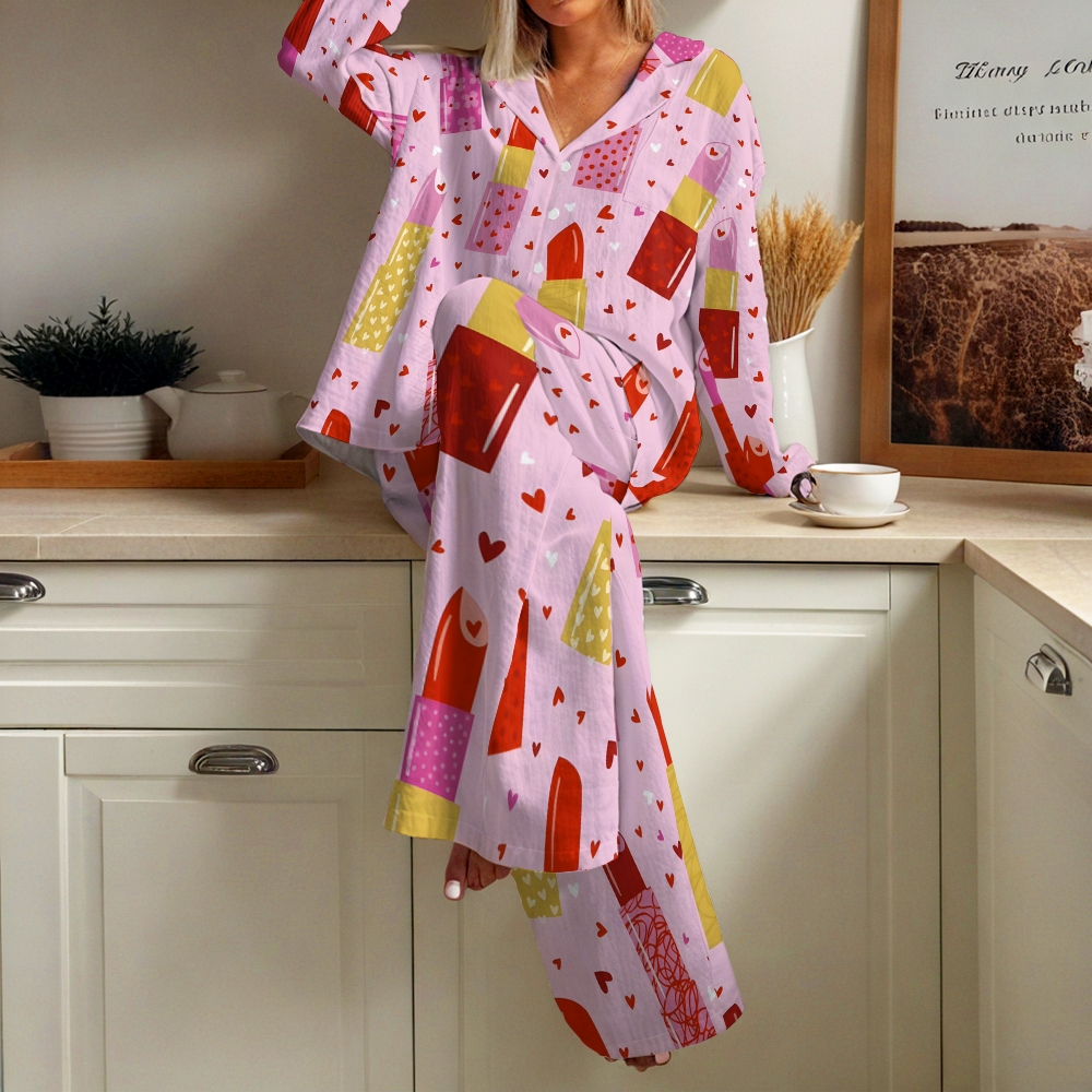 Women's Lipstick Heart Printed Cotton Cardigan Homewear Set