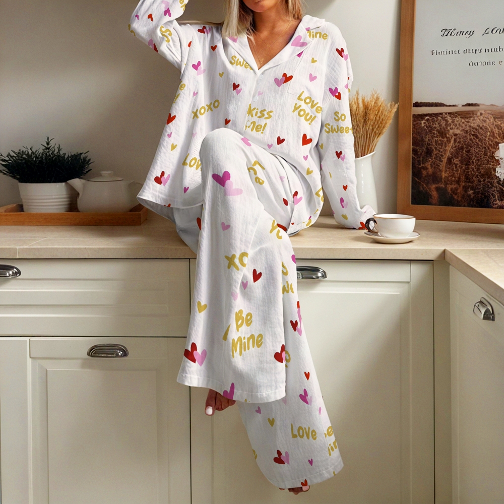 Women's Letters Love Printed Cotton Cardigan Homewear Set