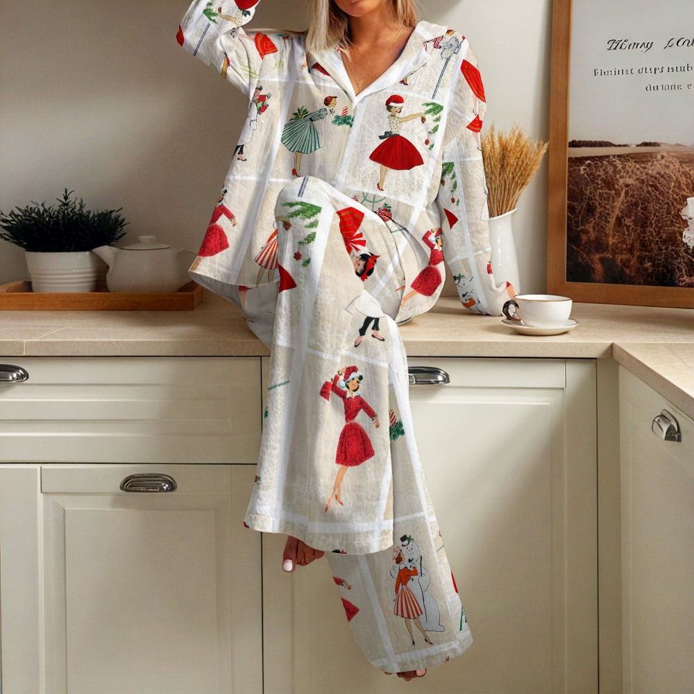 Women's Christmas Dancing Girl Printed Cotton Cardigan Homewear Set