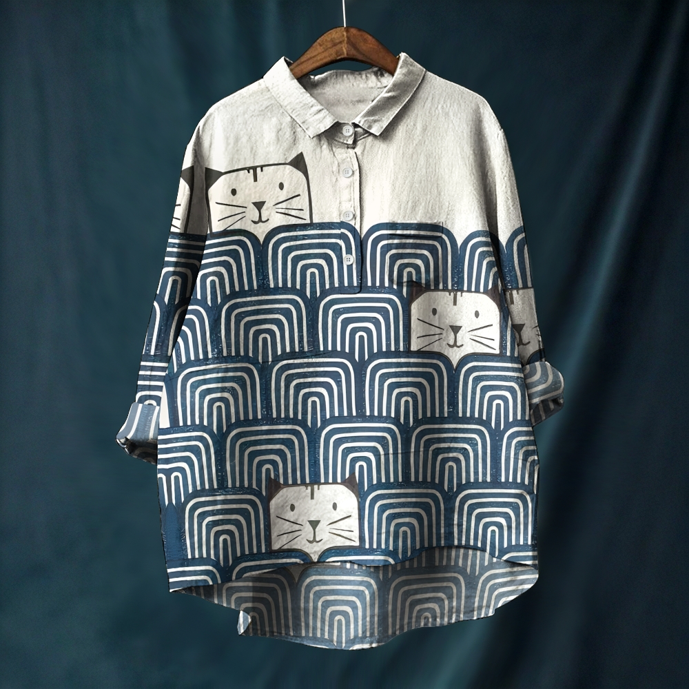 Women's Geometric Wave Cat Printed Casual Long Sleeve Shirt
