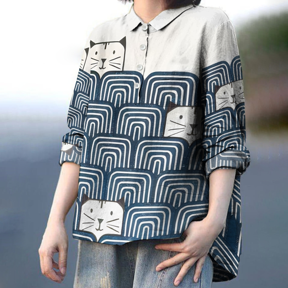 Women's Geometric Wave Cat Printed Casual Long Sleeve Shirt