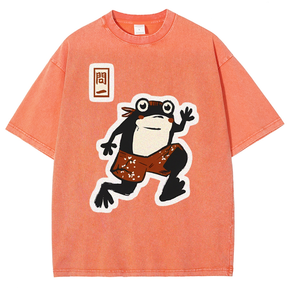Unisex Japanese Style Frog Printed Washed Tee