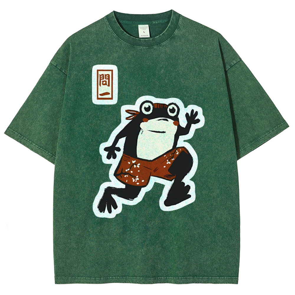 Unisex Japanese Style Frog Printed Washed Tee