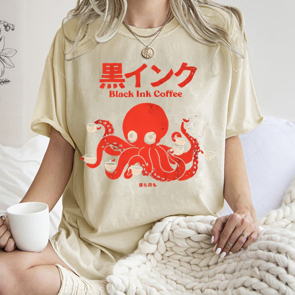 Unisex Japanese Octopus Printed Washed Tee