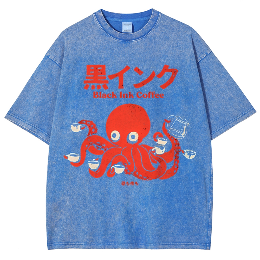 Unisex Japanese Octopus Printed Washed Tee