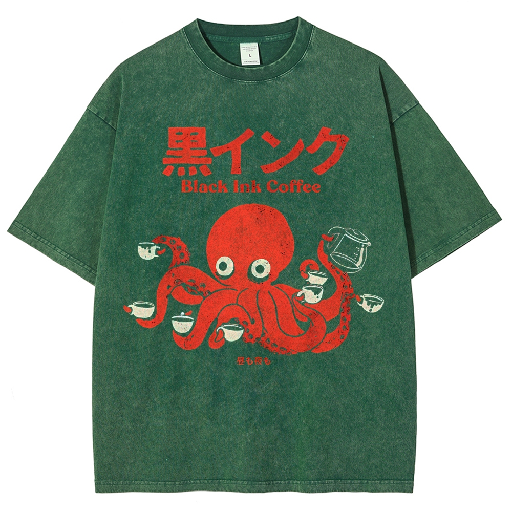 Unisex Japanese Octopus Printed Washed Tee