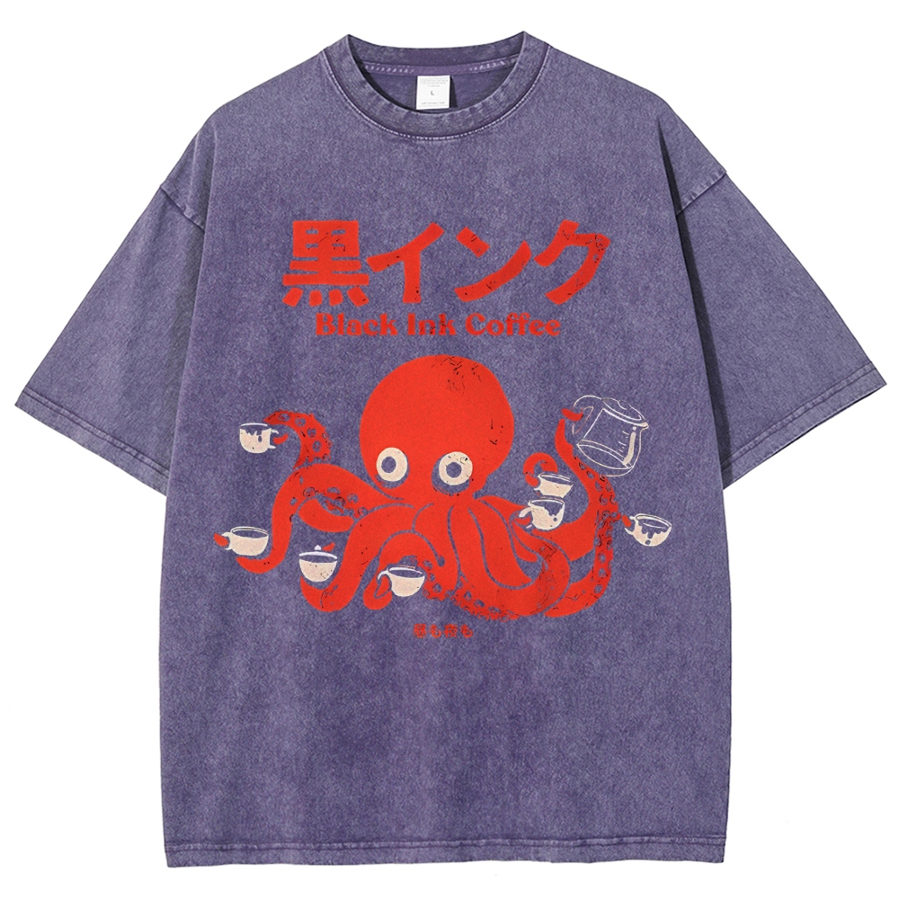 Unisex Japanese Octopus Printed Washed Tee