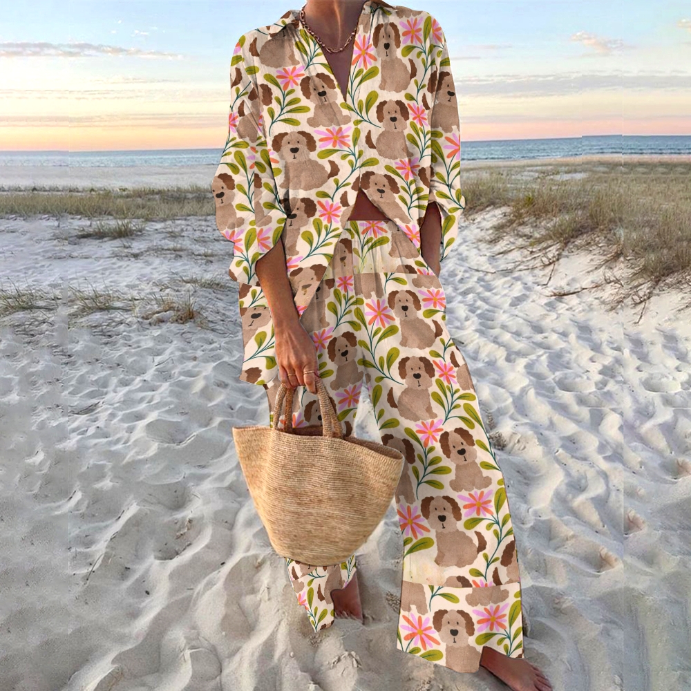 Women's Cute Dog And Flower Printed Shirt & Pants Two-piece Set
