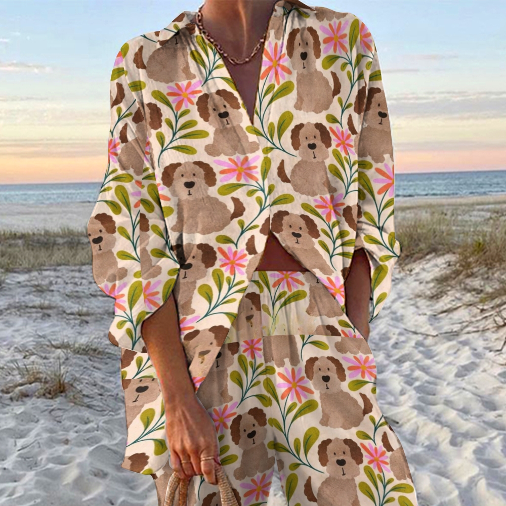 Women's Cute Dog And Flower Printed Shirt & Pants Two-piece Set