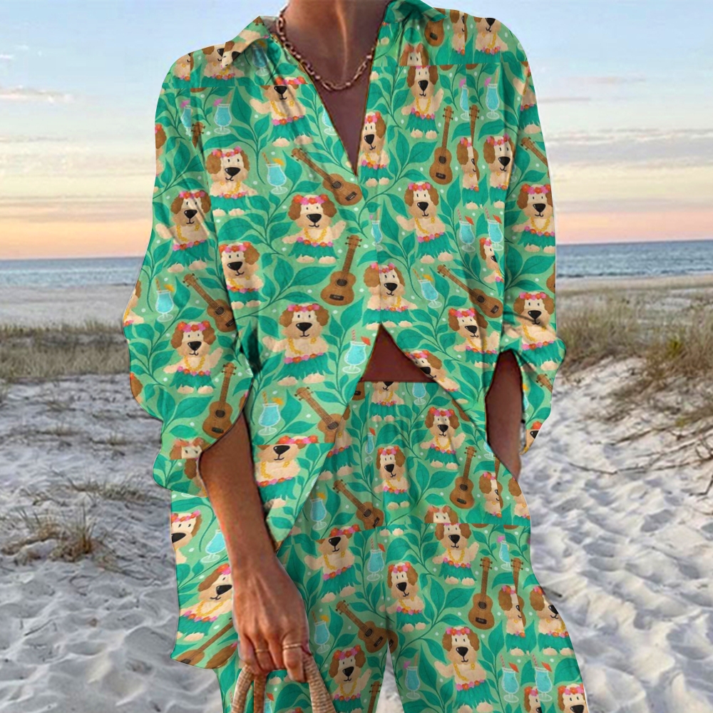 Women's Cute Dog And Guitar Printed Shirt & Pants Two-piece Set