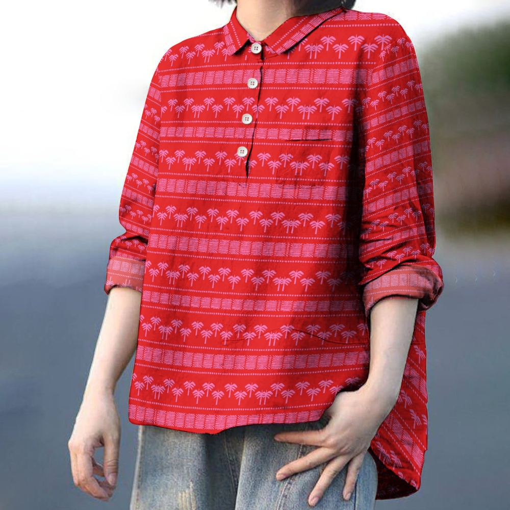 Women's Pink Coconut Tree Printed Casual Long Sleeve Shirt
