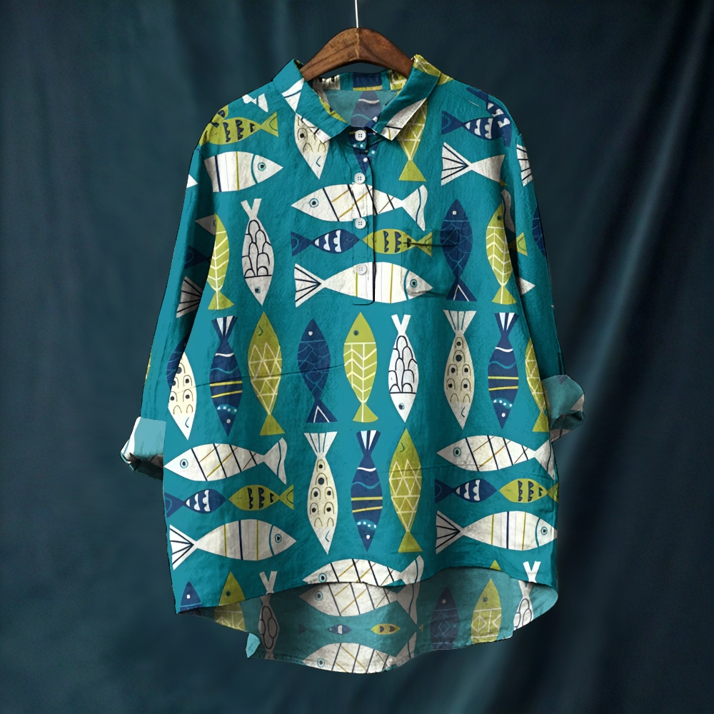 Women's Geometric Fish Printed Casual Long Sleeve Shirt