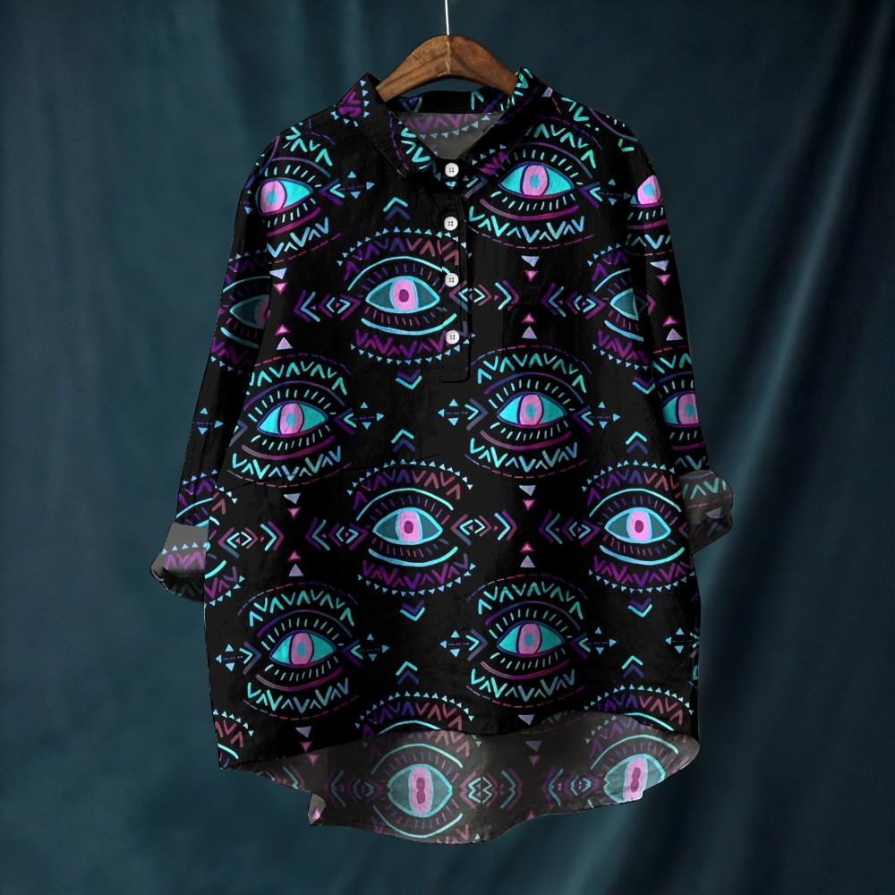 Women's Abstract Geometric Eyes Printed Casual Long Sleeve Shirt