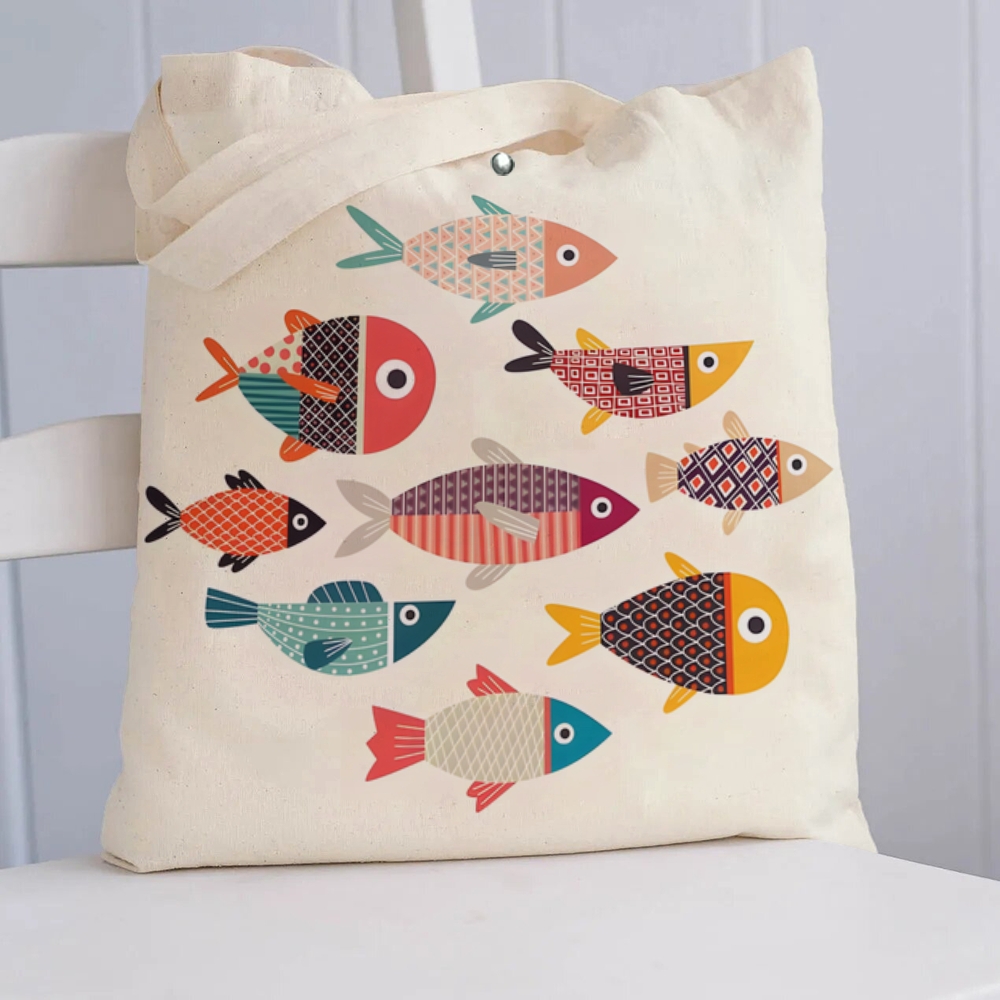 Colorful Geometric Fish Printed Tote Bag