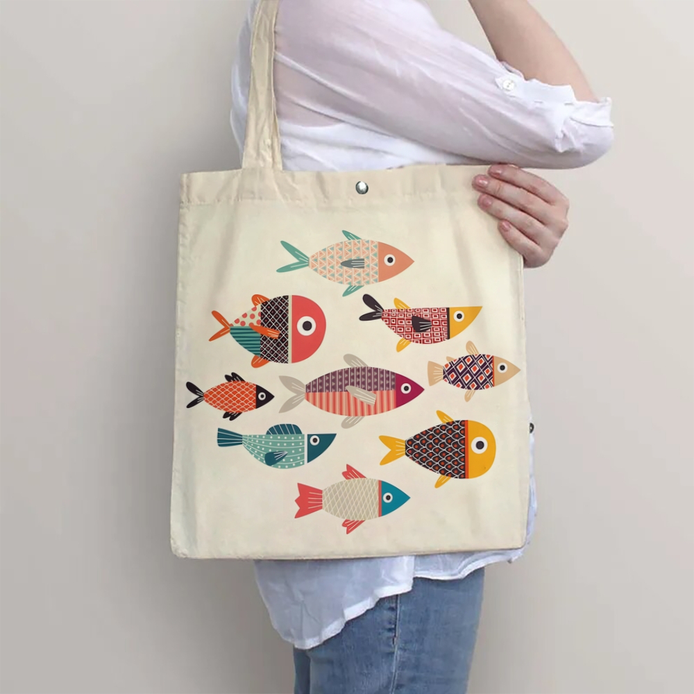 Colorful Geometric Fish Printed Tote Bag