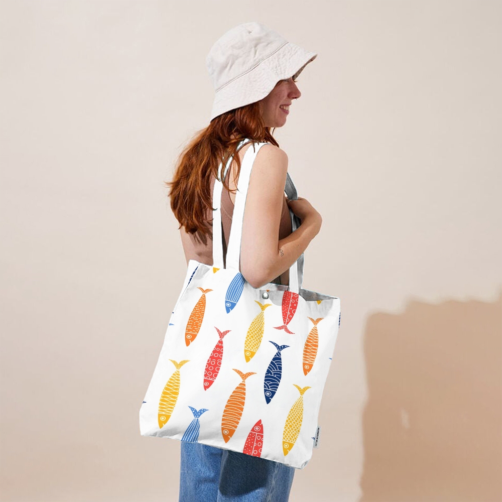 Colorful Geometric Fish Printed Tote Bag