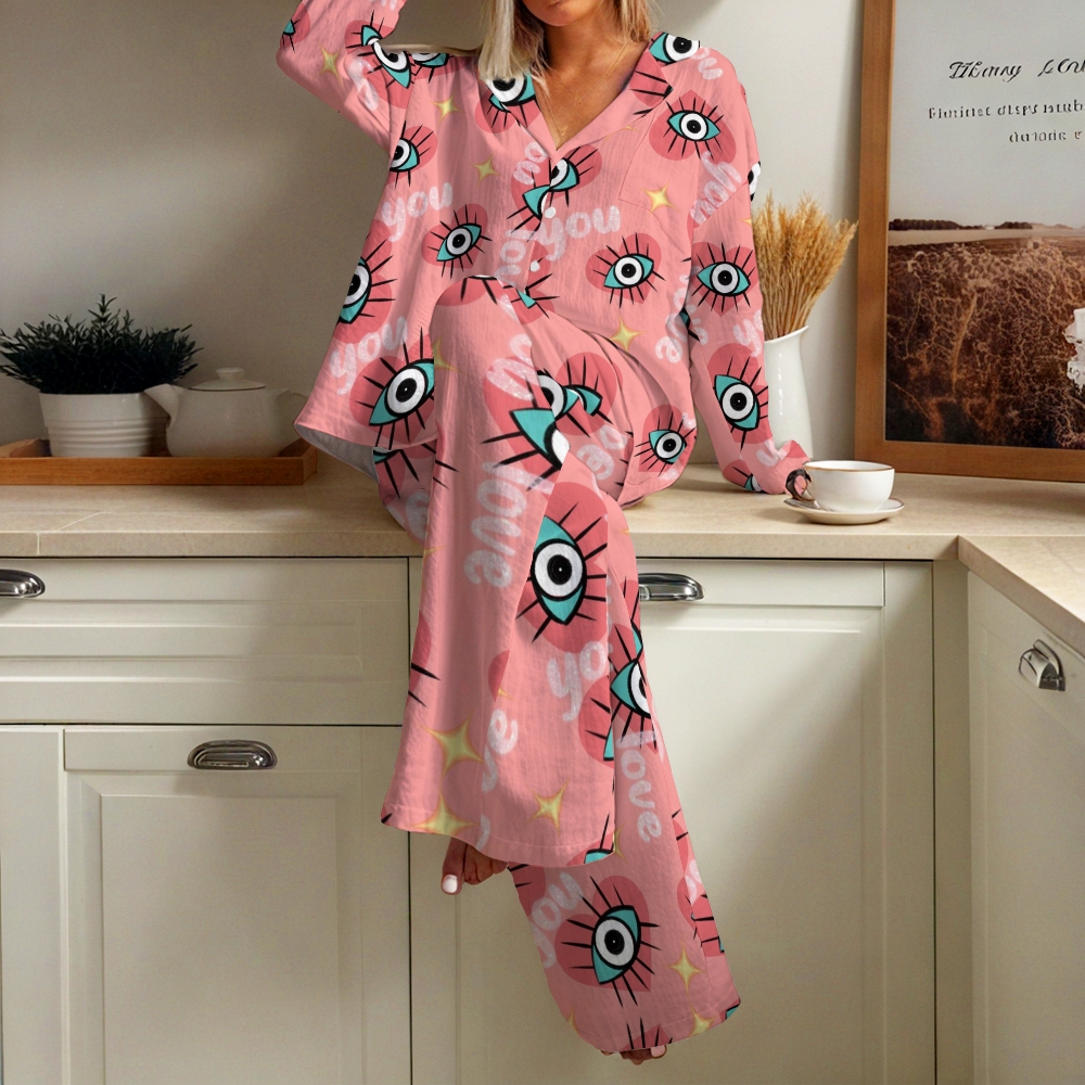 Women's Heart Eyes Print Cotton Cardigan Homewear Set
