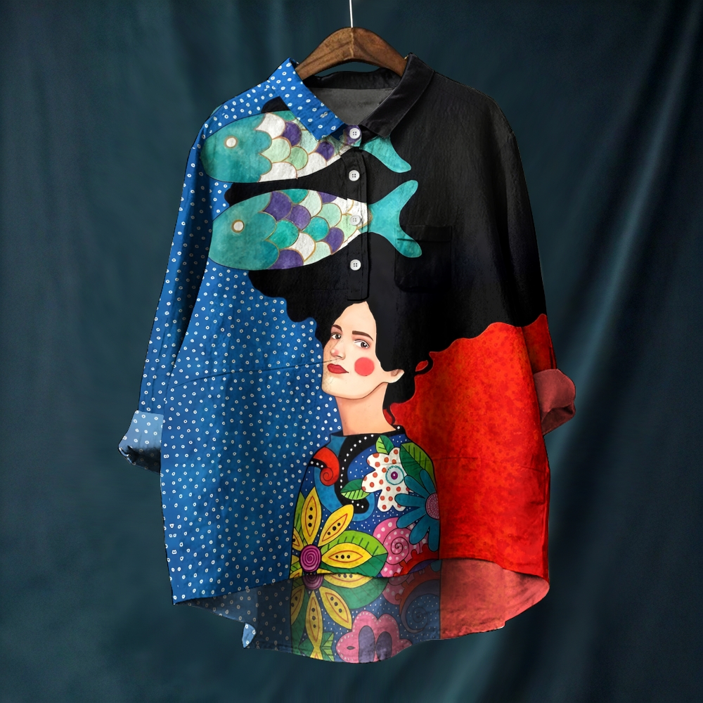 Women's Artistic Portrait Fish Printed Casual Long Sleeve Shirt