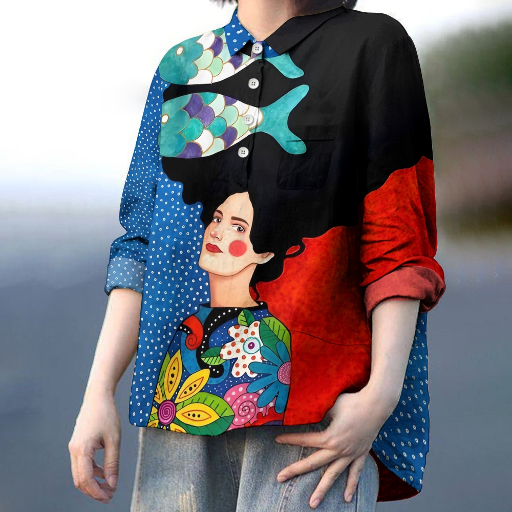 Women's Artistic Portrait Fish Printed Casual Long Sleeve Shirt