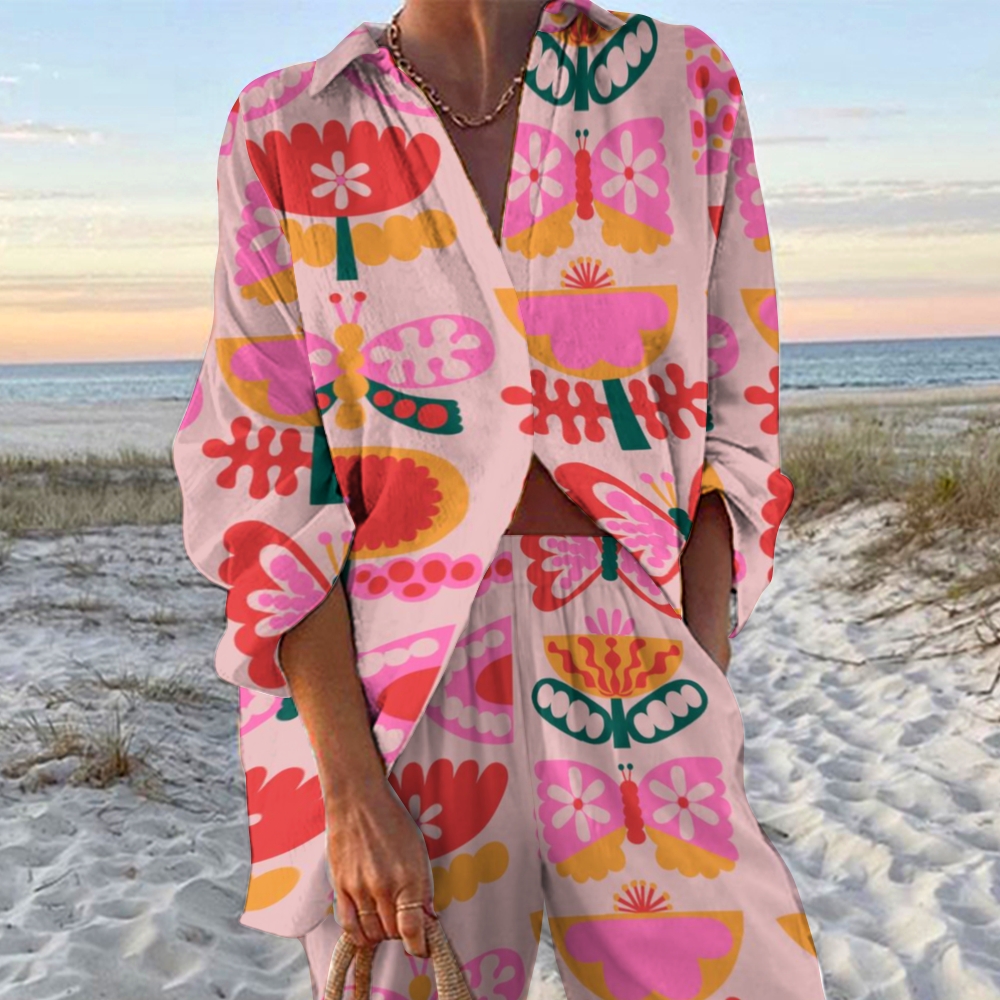 Women's Flowers Printed Shirt & Pants Two-piece Set 