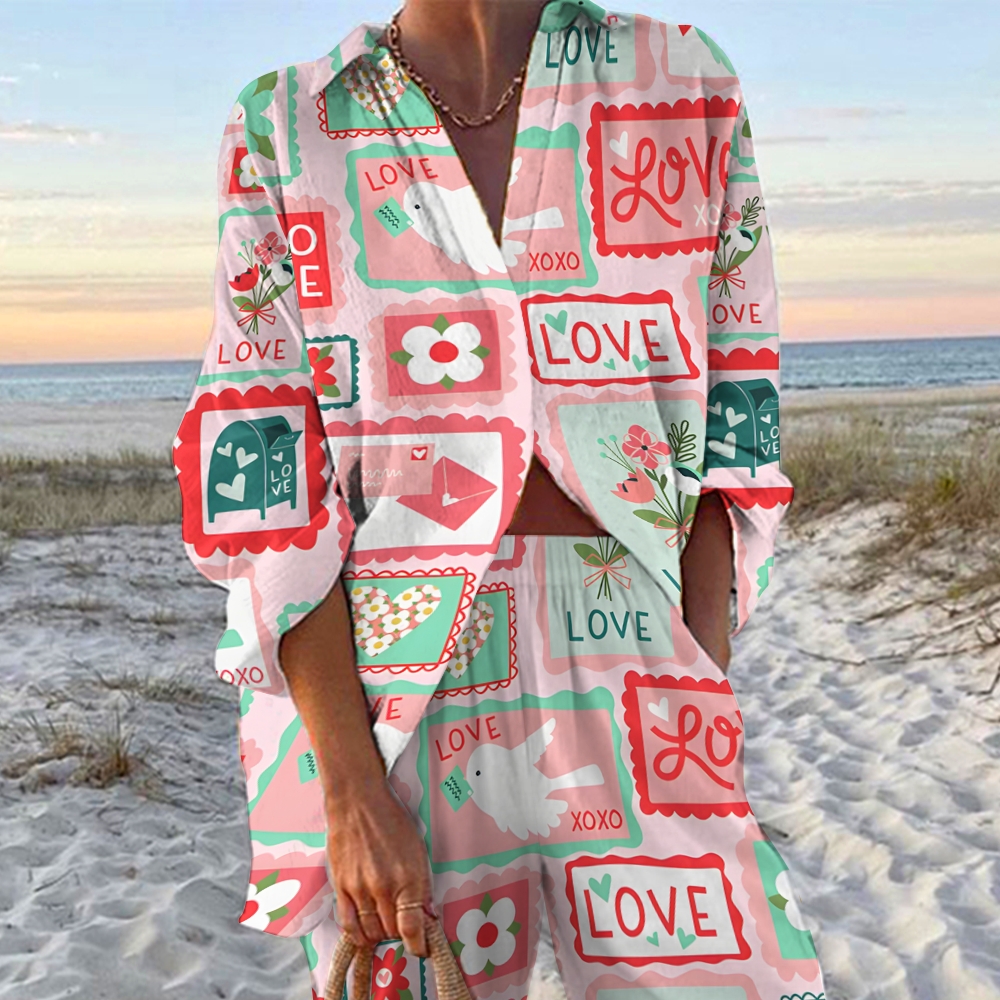 Women's Love Letters Printed Shirt & Pants Two-piece Set 