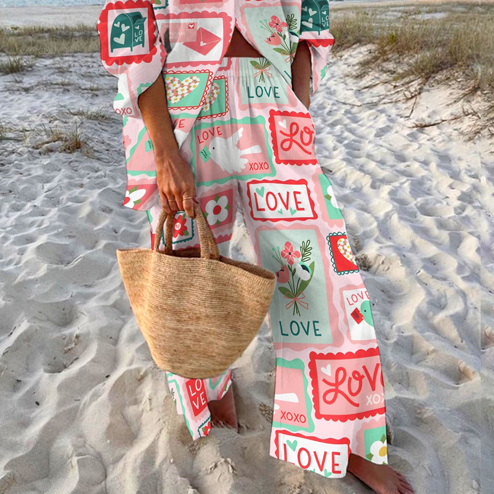 Women's Love Letters Printed Shirt & Pants Two-piece Set 
