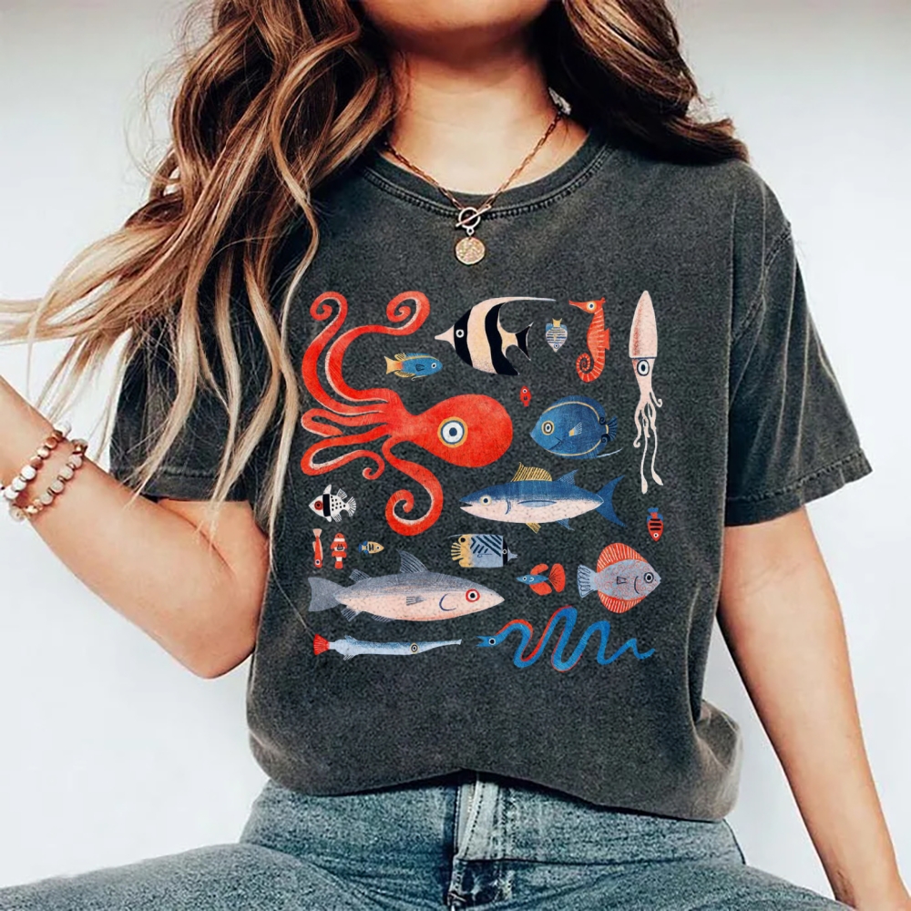 Unisex Octopus And Fish Printed Washed Tee