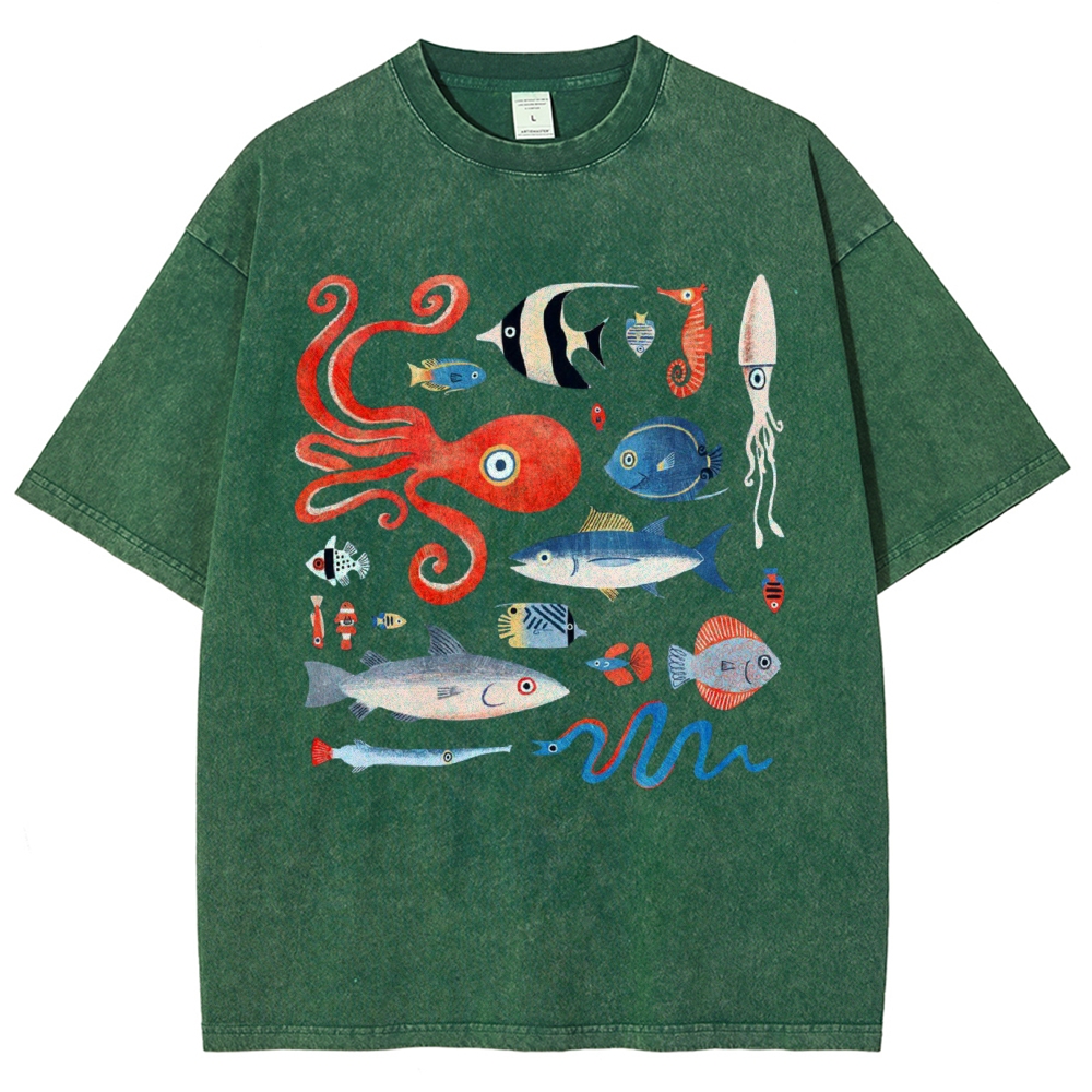 Unisex Octopus And Fish Printed Washed Tee