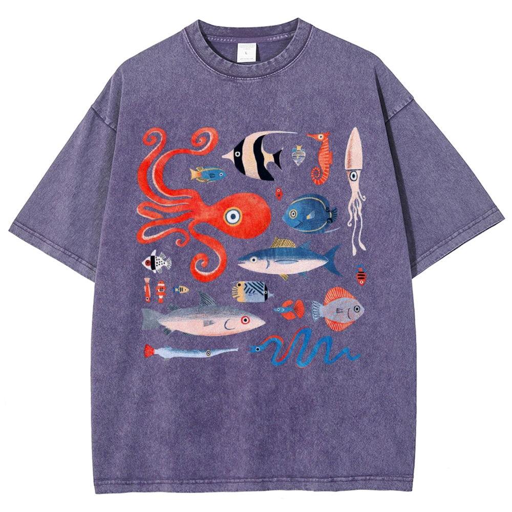 Unisex Octopus And Fish Printed Washed Tee