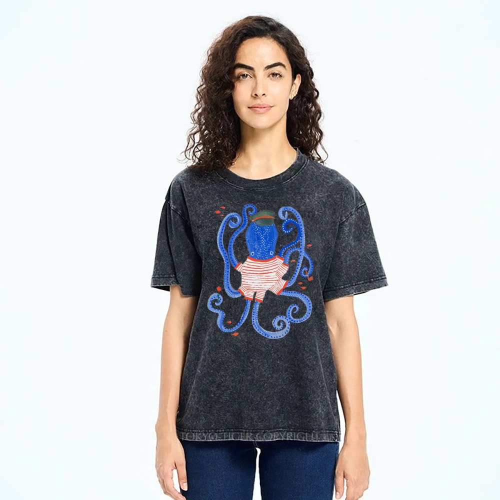 Unisex Octopus And Fish Printed Washed Tee