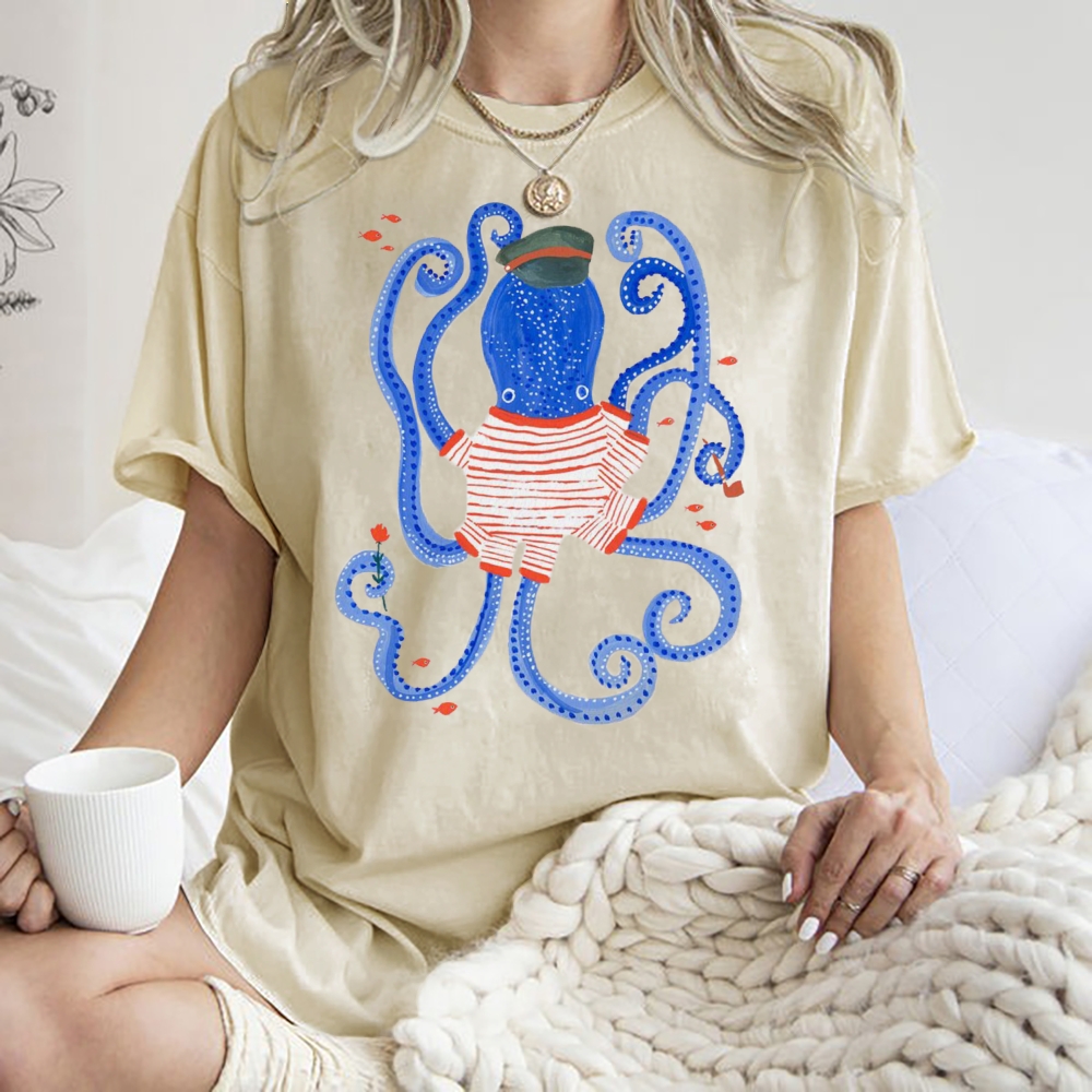 Unisex Octopus And Fish Printed Washed Tee