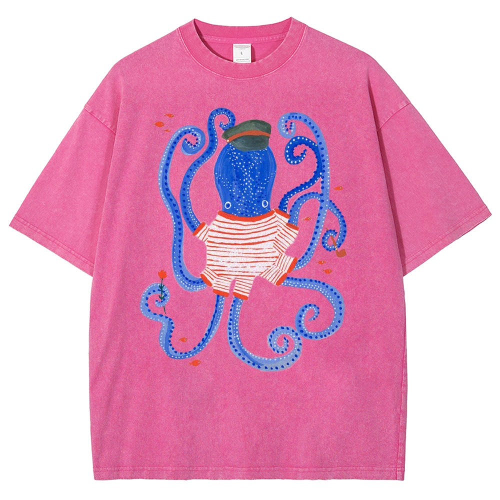 Unisex Octopus And Fish Printed Washed Tee
