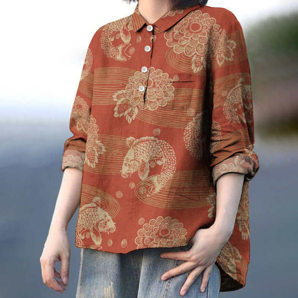 Women's Vintage Flower Koi Printed Casual Long Sleeve Shirt