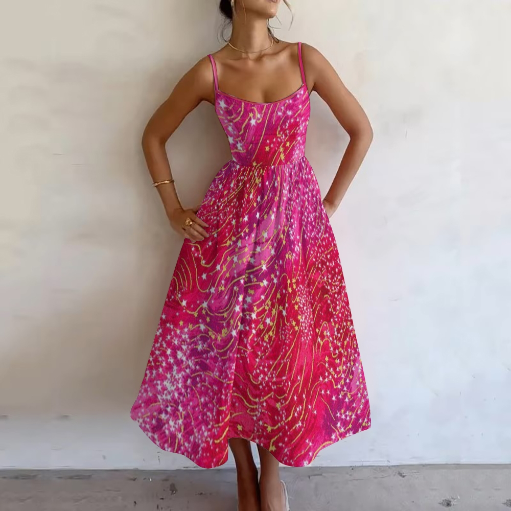 Rose Red Line Stars Printed Slip Dress