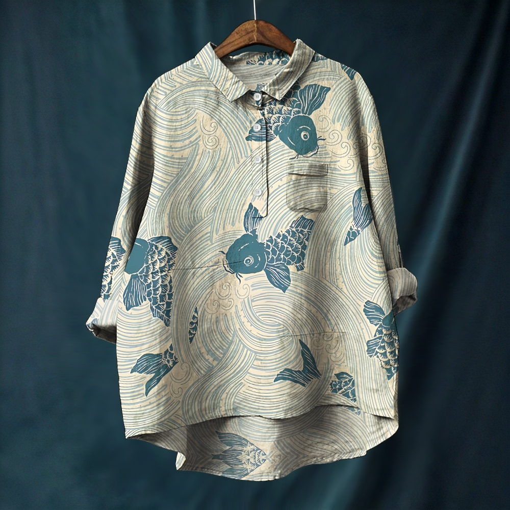 Women's Wave koi Printed Casual Long Sleeve Shirt